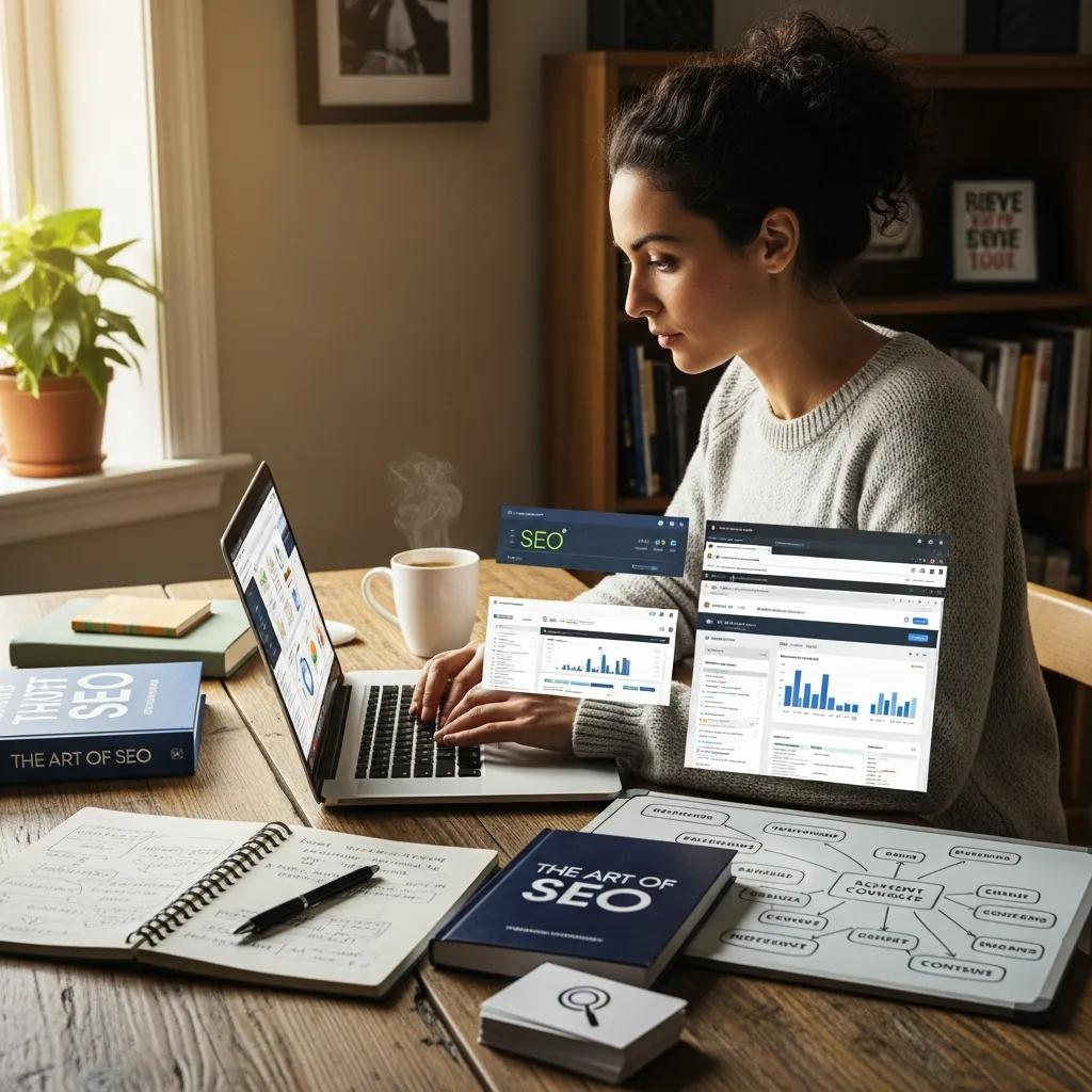 Small business owner optimizing SEO strategies in a cozy office setting