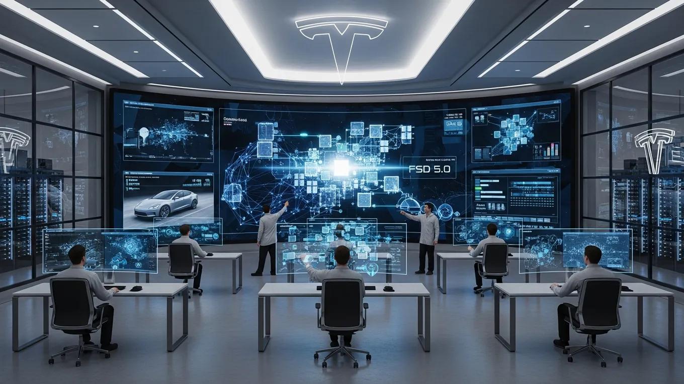 Futuristic control room showcasing Tesla's AI technology and neural networks