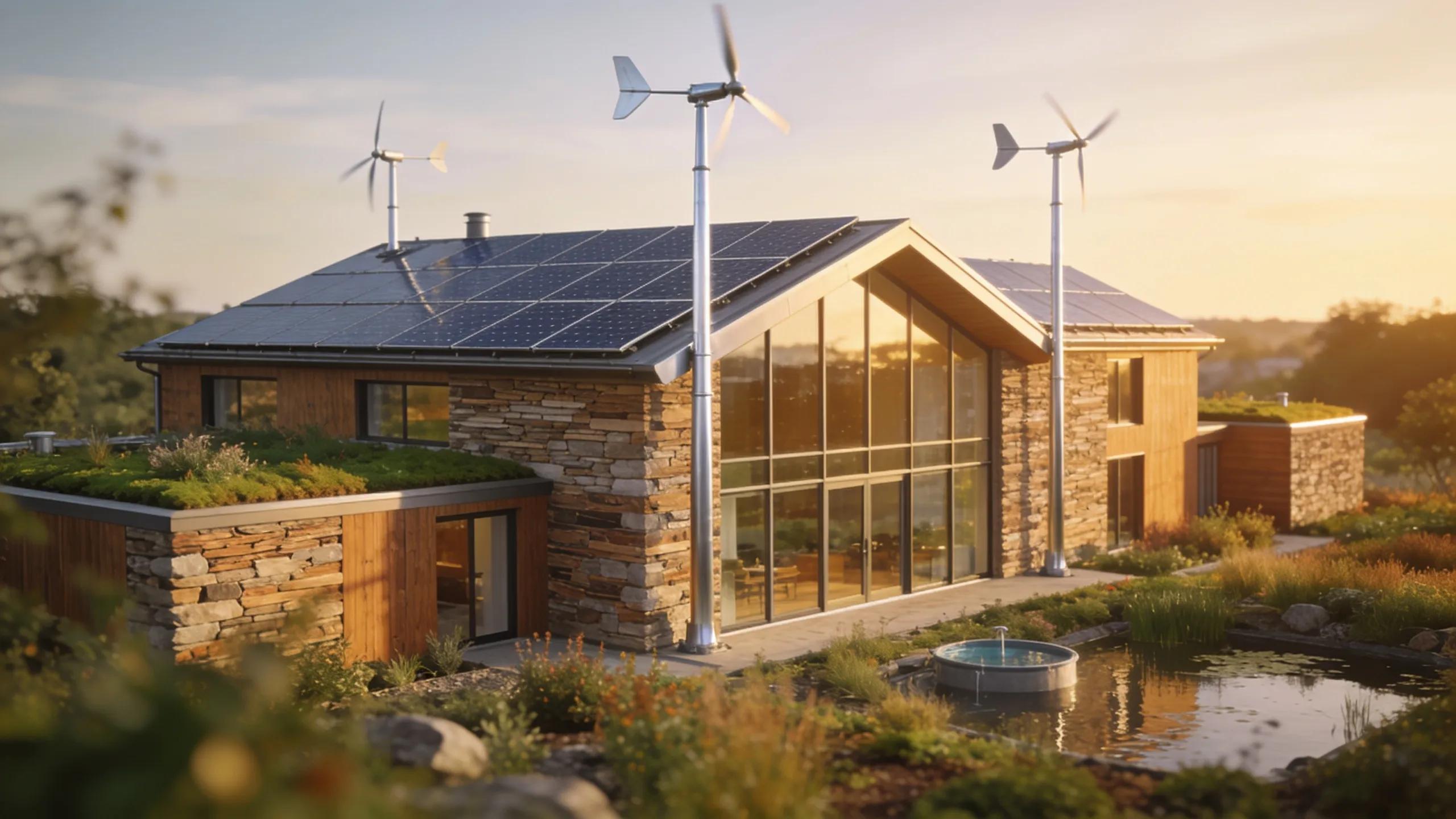 Net zero building with renewable energy features and green landscaping