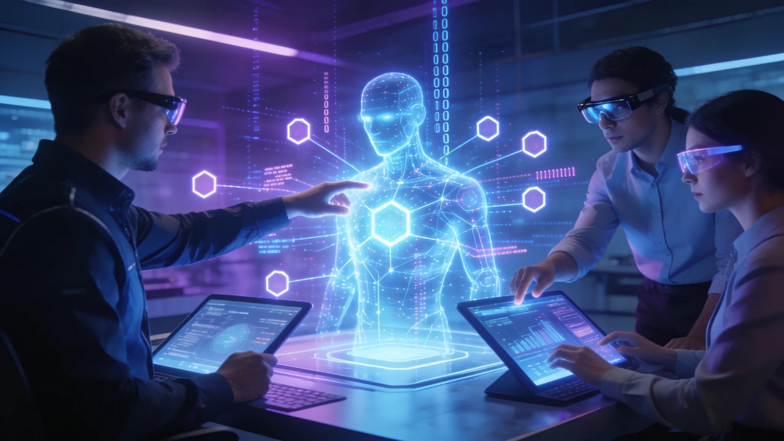 A futuristic scene with a glowing AI interface analyzing network data, showcasing the role of AI in improving networking operations.