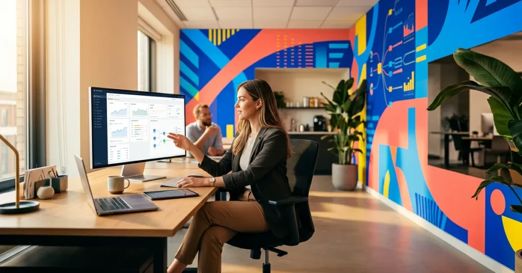Woman analyzing data on a computer in a modern office with colorful wall art.