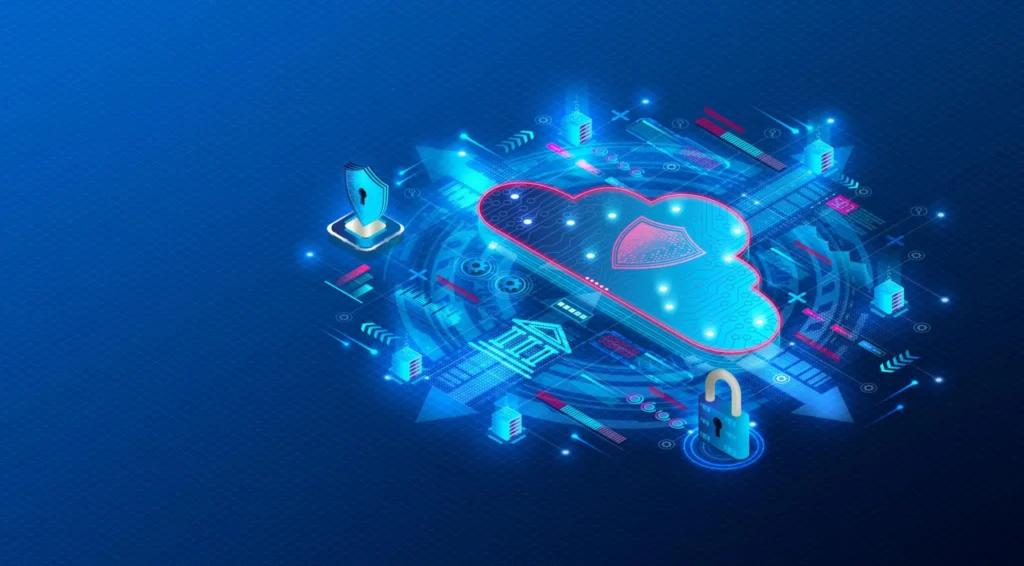 Cybersecurity features represented by shields and locks, illustrating Cloudflare CDN's protection against online threats