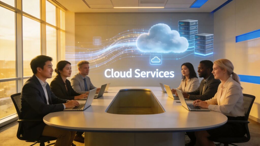 Diverse professionals collaborating on cloud provider selection in a modern office